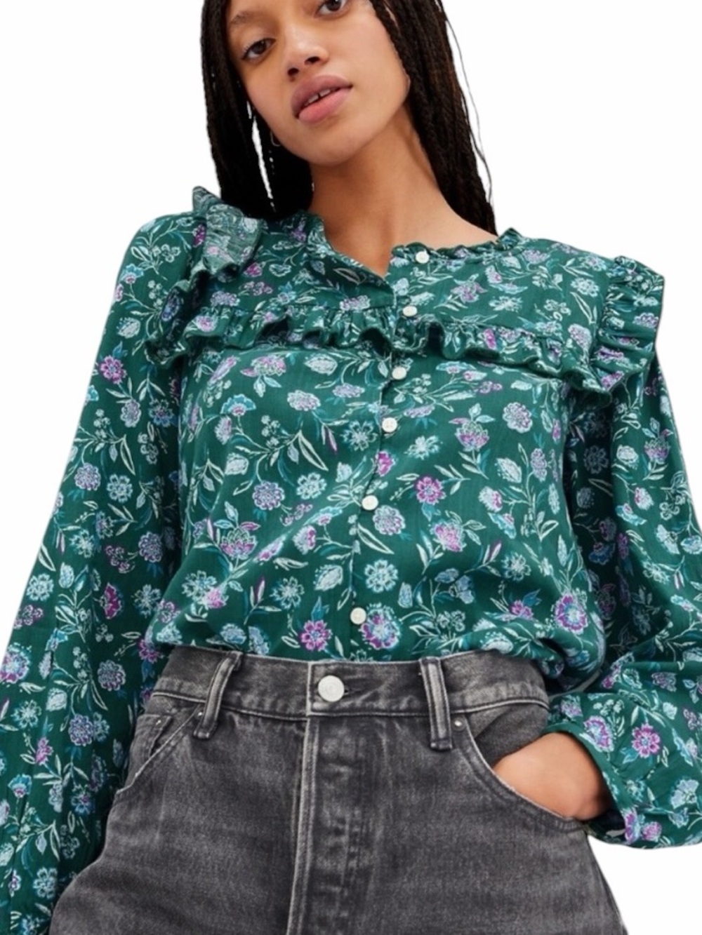 GAP Floral Ruffle Blouse Cottagecore Romantic Button Front Long Sleeve Size XL